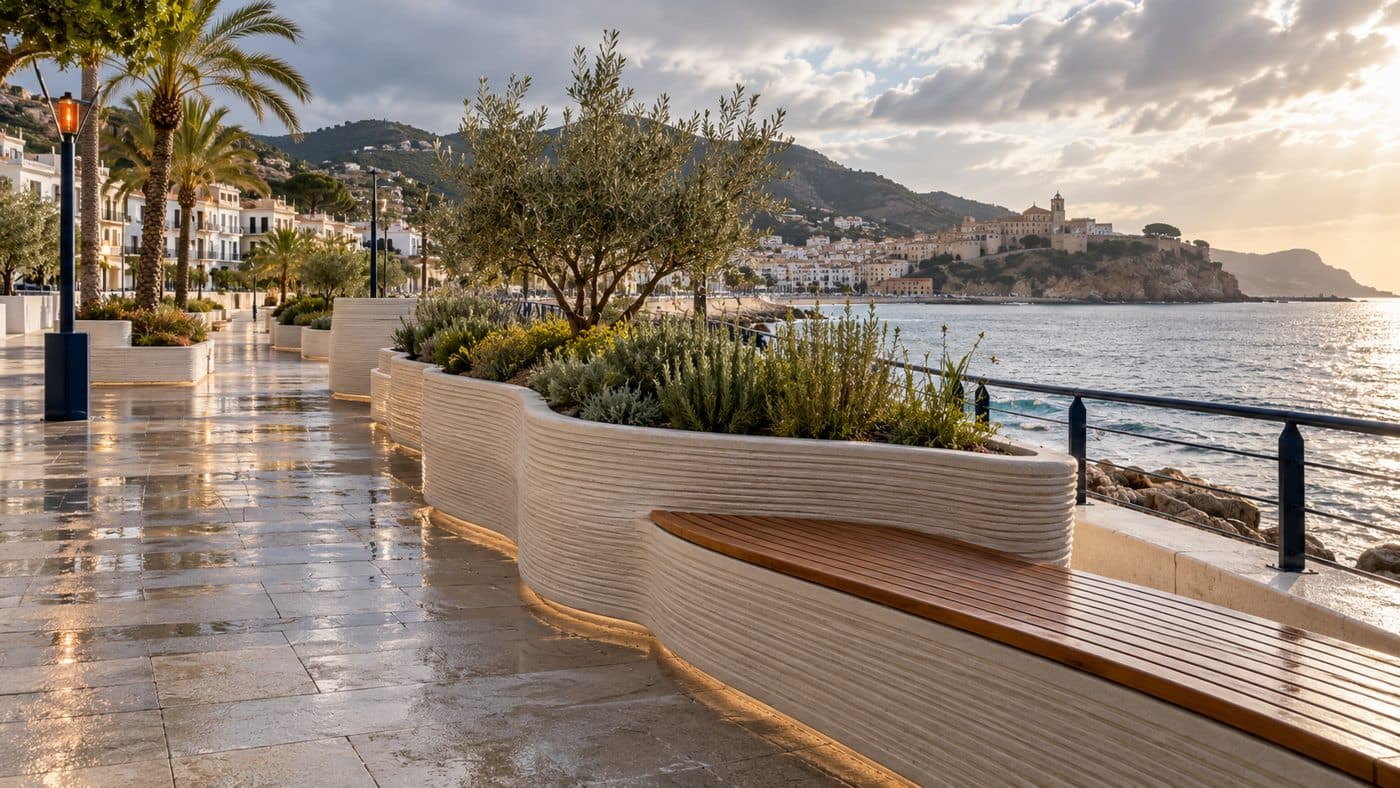 Banco-jardinera curvo en paseo marítimo