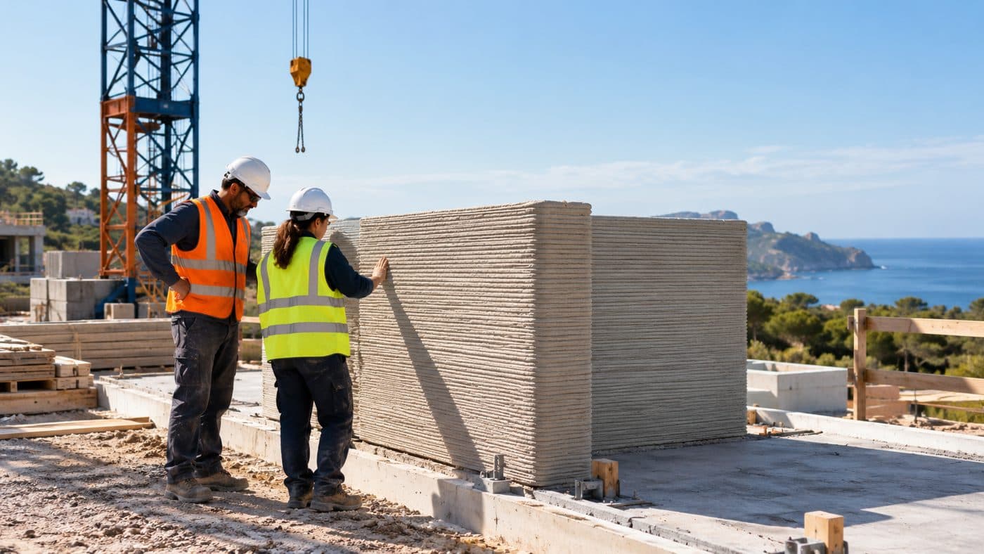 Replanteo de un muro impreso en obra con vistas al mar
